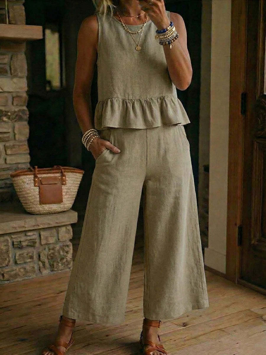 Womens Cotton-Linen Tank & Cropped Pants Set