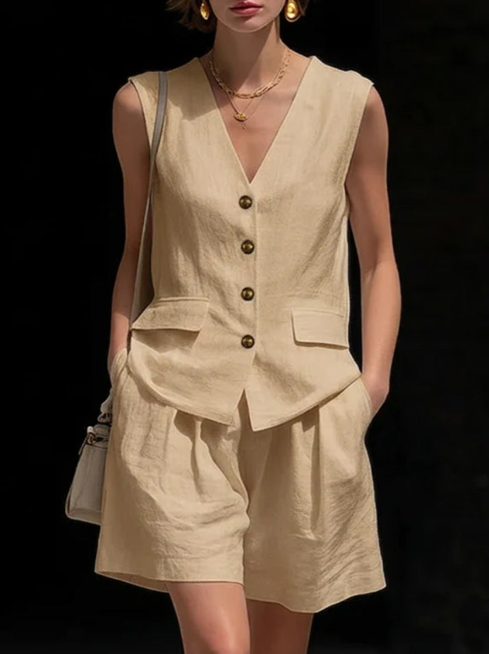 Womens Cotton-Linen Vest Top & Shorts Set