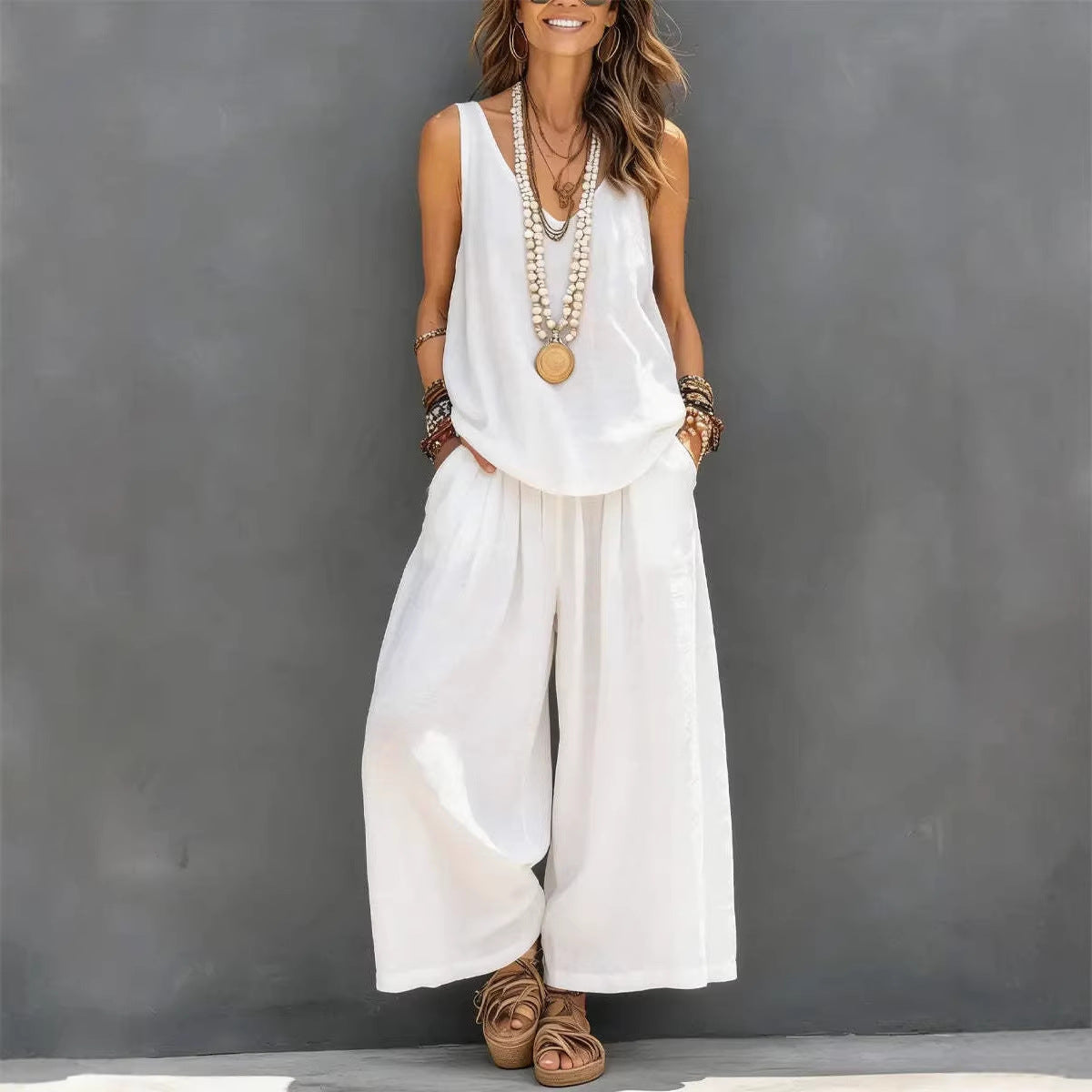 Womens Solid Sleeveless Tank & Wide-Leg Pants Set
