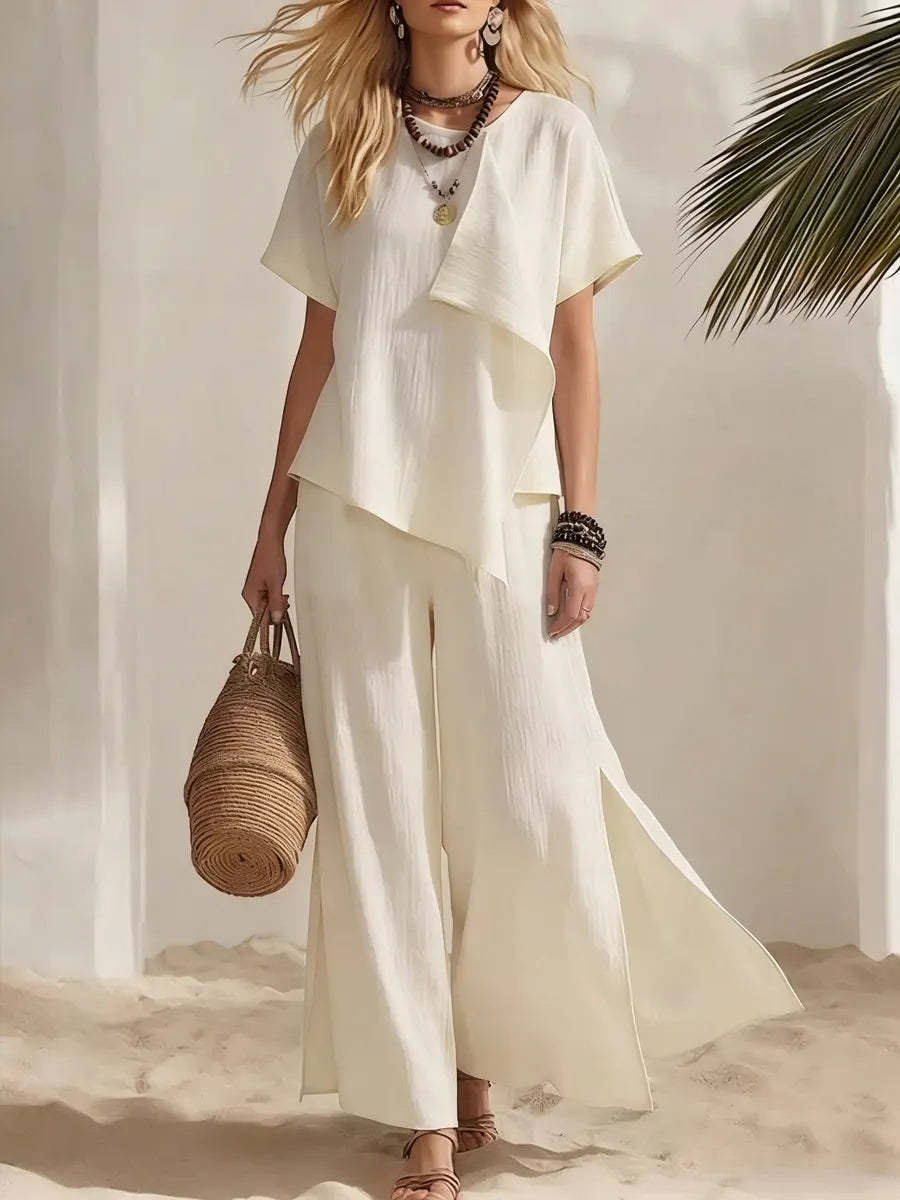 Womens Asymmetrical Top & Wide-Leg Pants Set