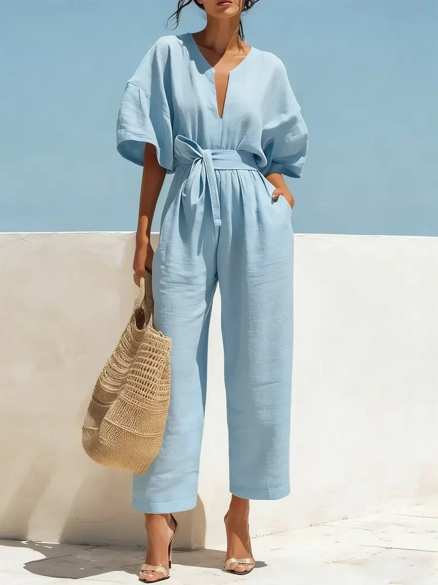 Womens V-Neck Cotton-Linen Jumpsuit