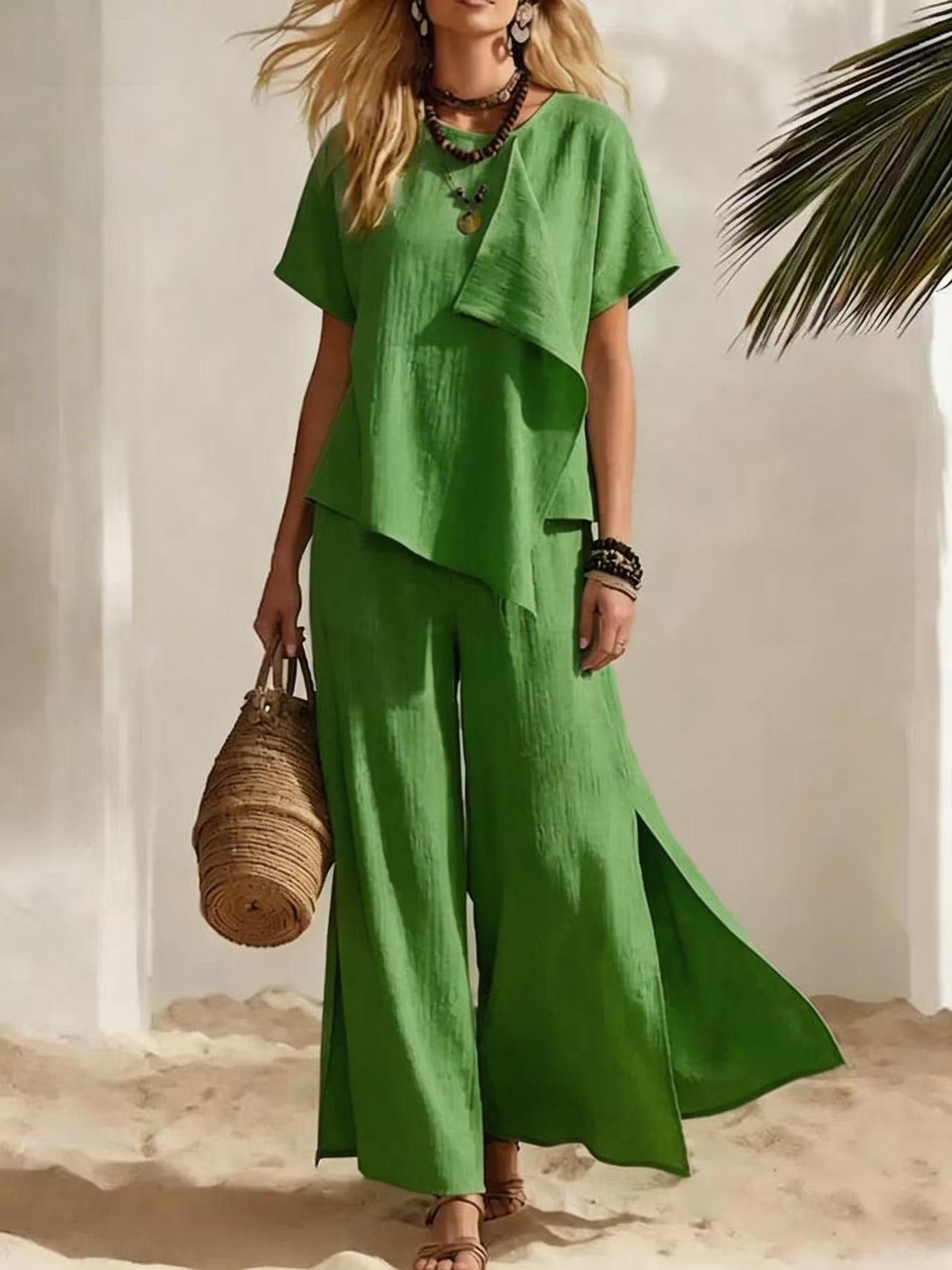 Womens Asymmetrical Top & Wide-Leg Pants Set