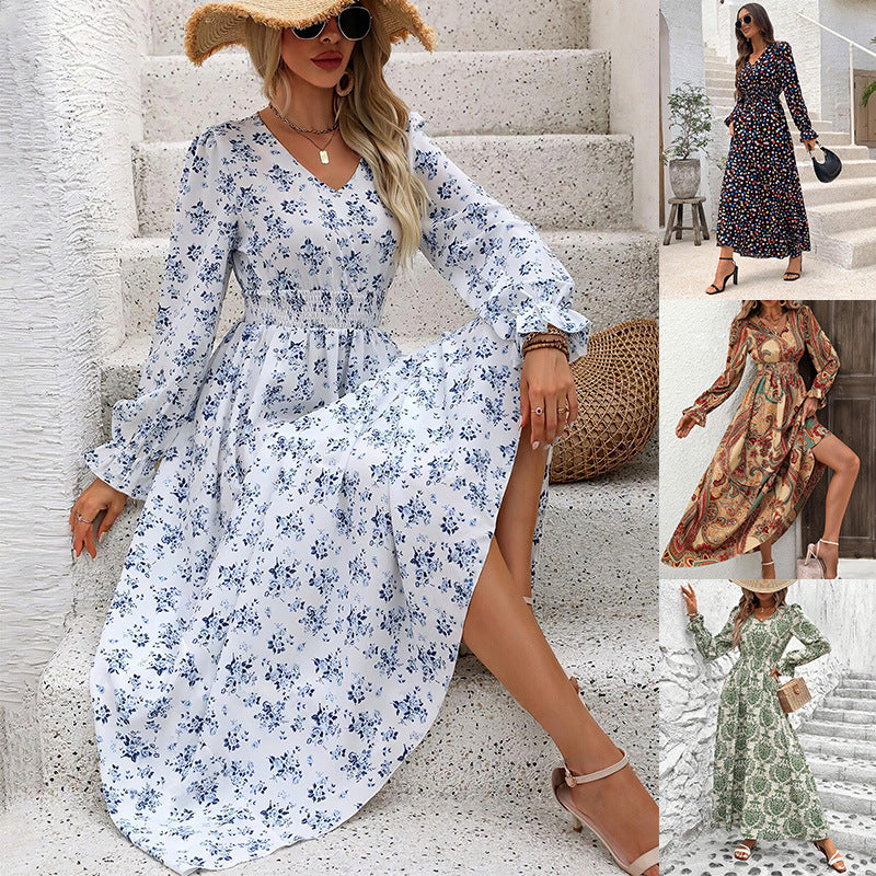 Printed V-Neck Long Sleeve Dress