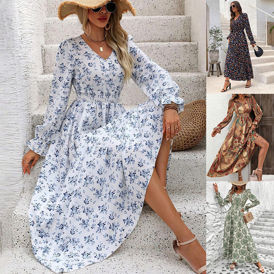 Printed V-Neck Long Sleeve Dress