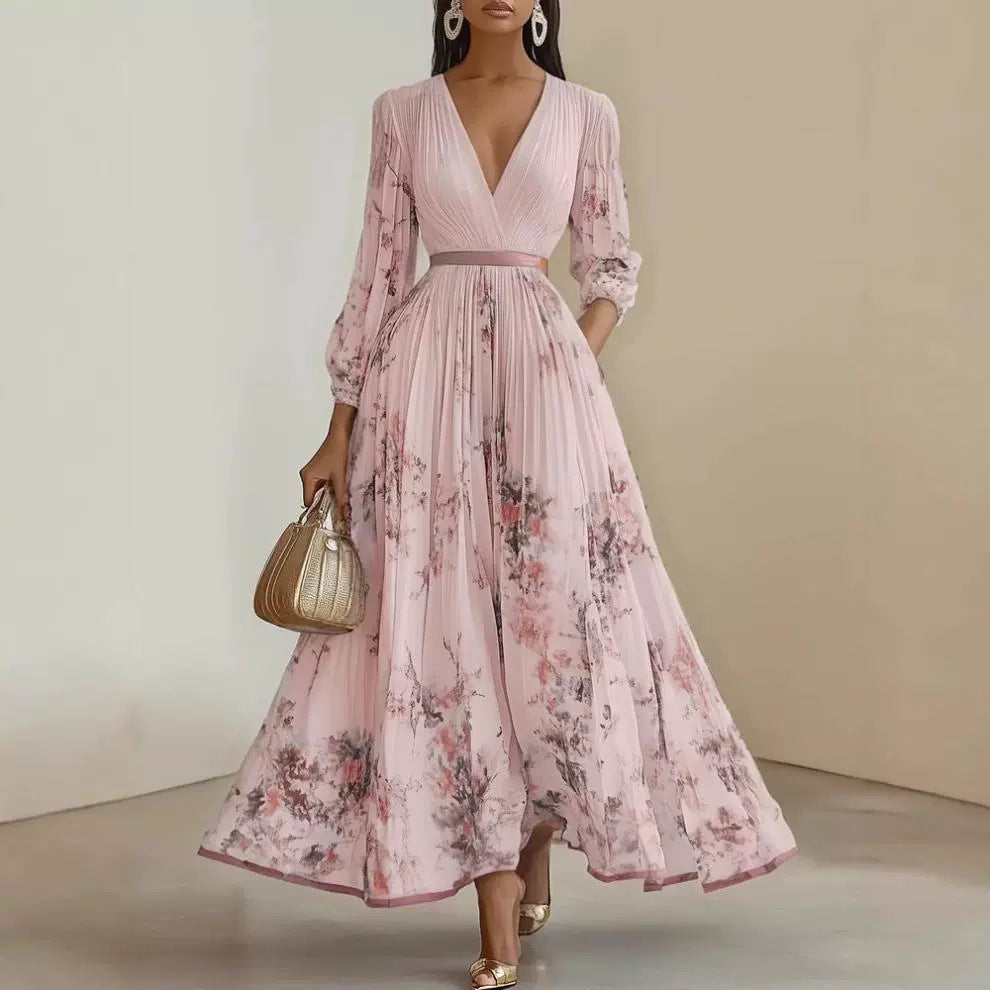 Printed V-Neck Pleated Dress