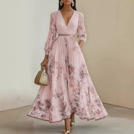 Printed V-Neck Pleated Dress