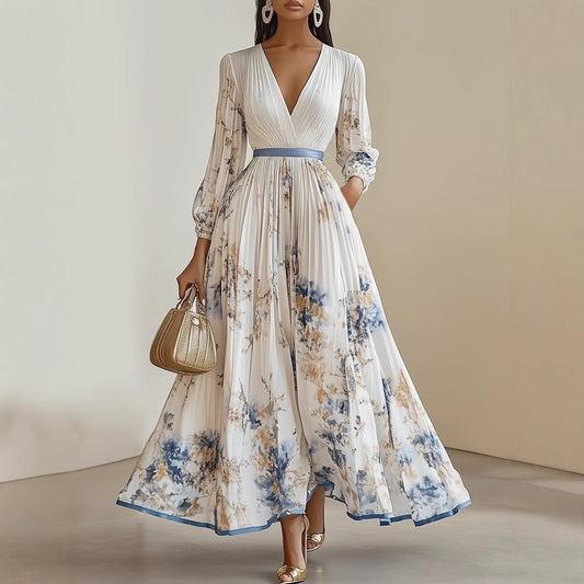 Printed V-Neck Pleated Dress