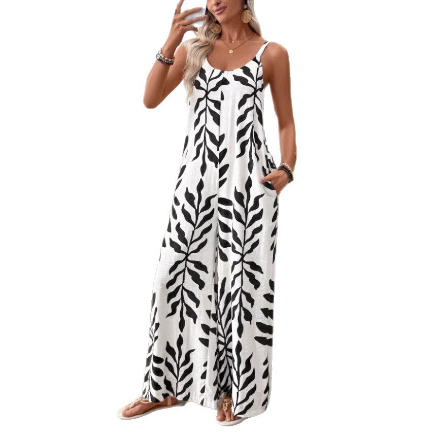 Tropical Leaf Pocket Jumpsuit
