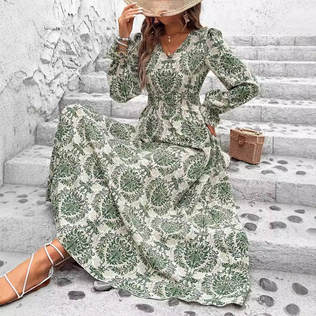 Printed V-Neck Long Sleeve Dress