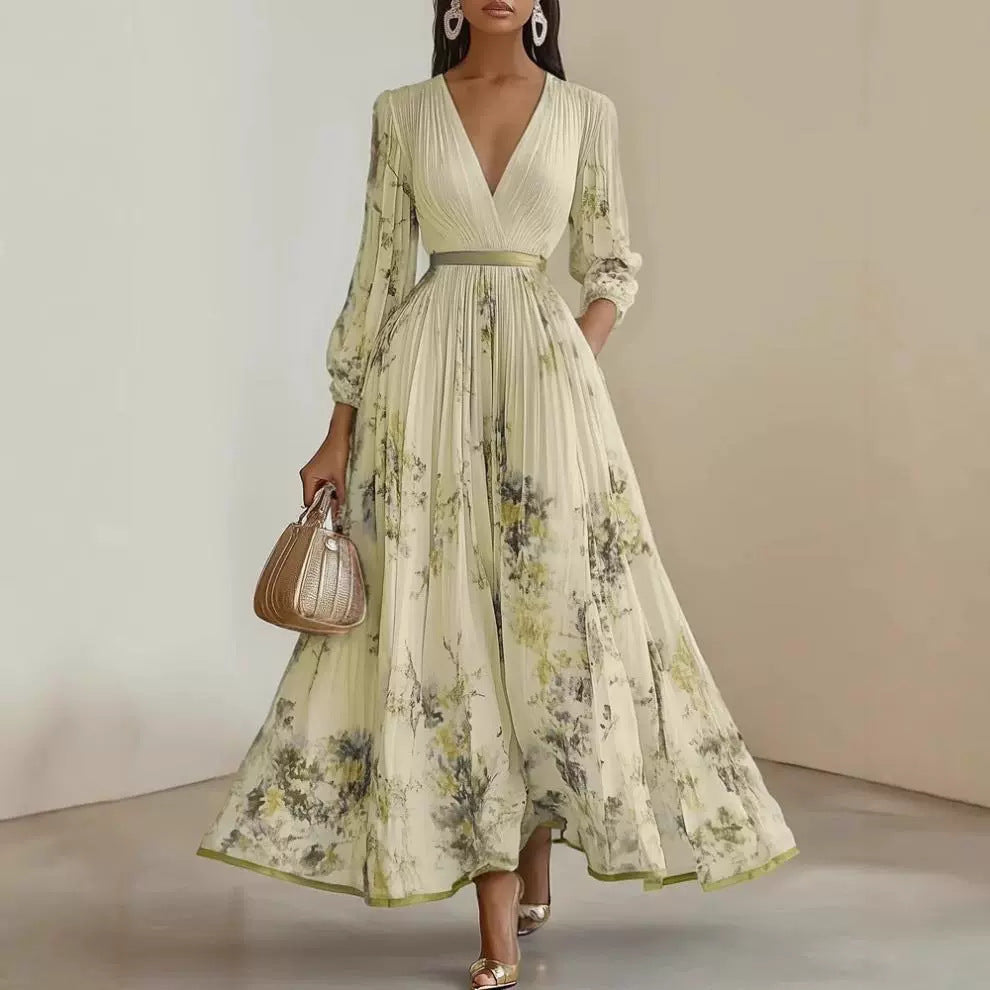 Printed V-Neck Pleated Dress