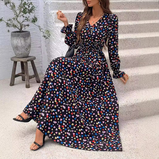 Printed V-Neck Long Sleeve Dress