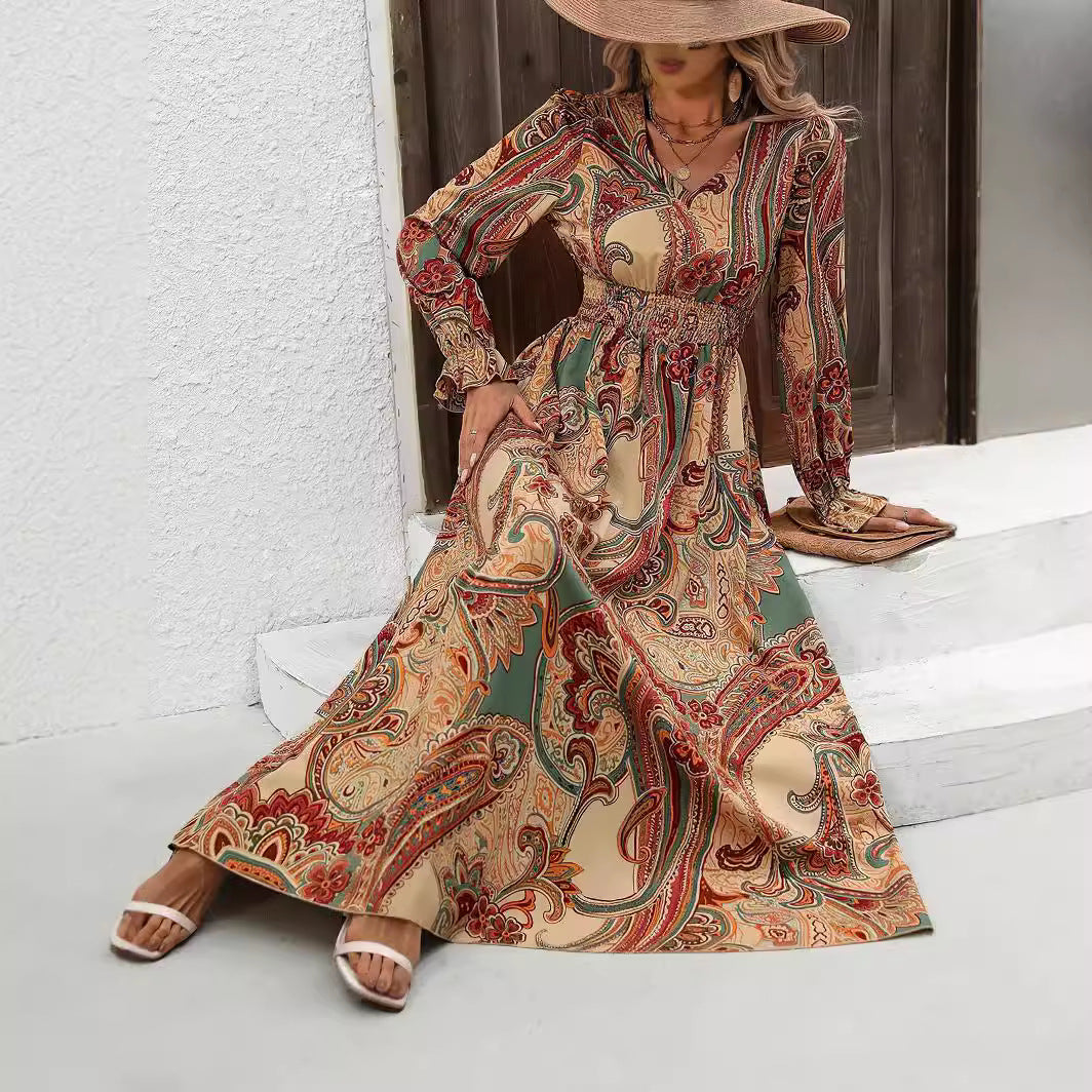 Printed V-Neck Long Sleeve Dress