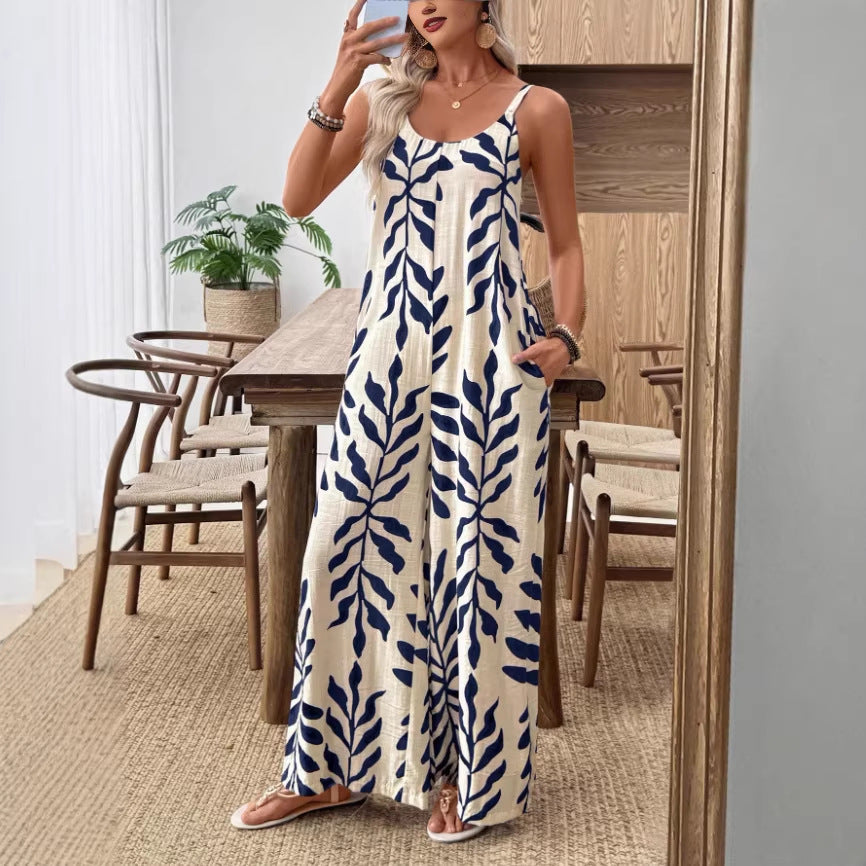 Tropical Leaf Pocket Jumpsuit