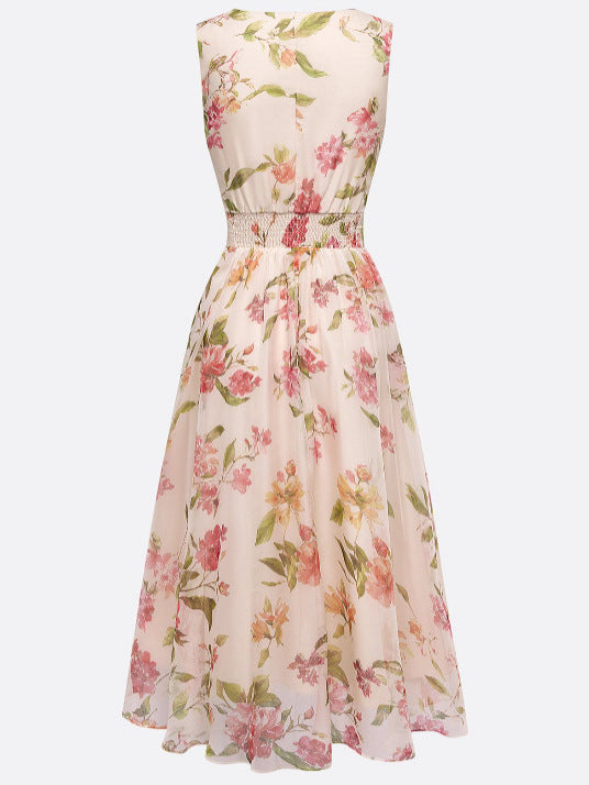 Pleated Floral Chiffon Dress