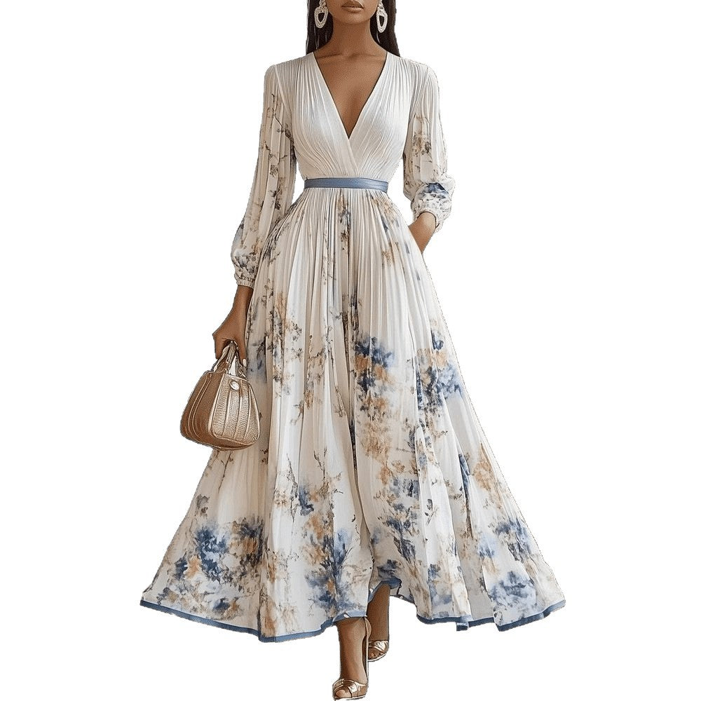 Printed V-Neck Pleated Dress