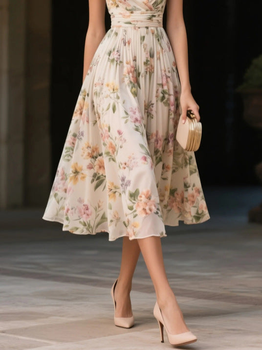 Pleated Floral Chiffon Dress