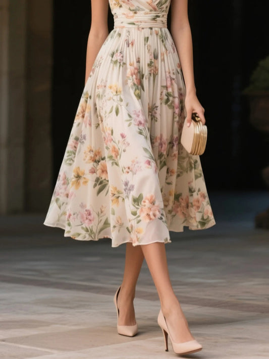 Pleated Floral Chiffon Dress