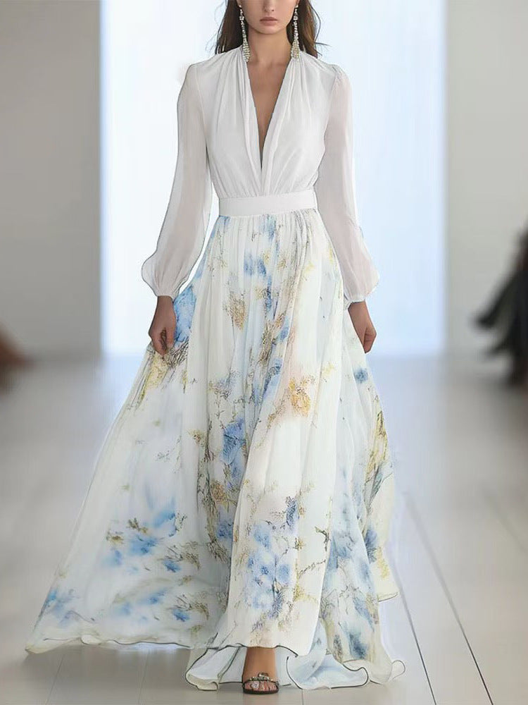 Digital Print V-Neck Long Dress
