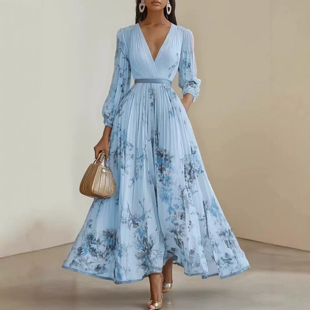 Printed V-Neck Pleated Dress