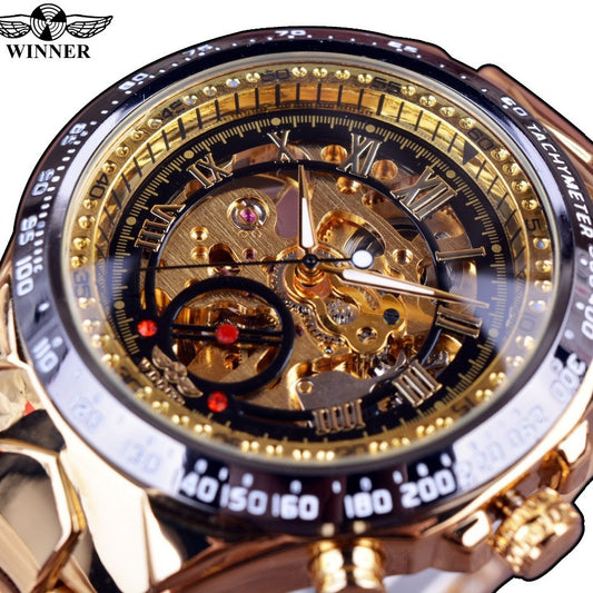 Winner Victory Men's Personalized Fashionable Gold Semi-Steel Cut Out Semi-Automatic Mechanical Watch