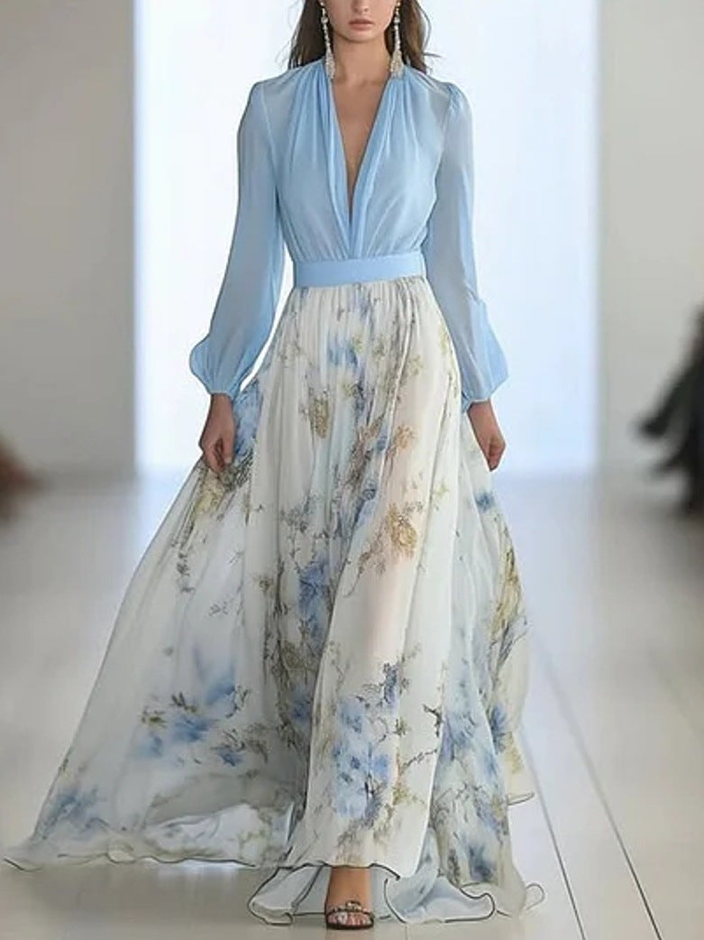 Digital Print V-Neck Long Dress
