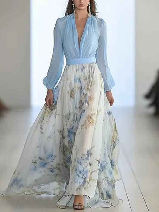 Digital Print V-Neck Long Dress
