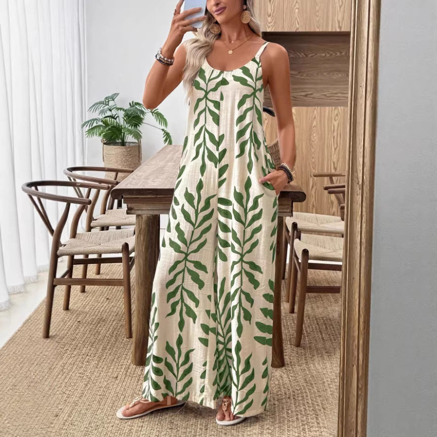 Tropical Leaf Pocket Jumpsuit