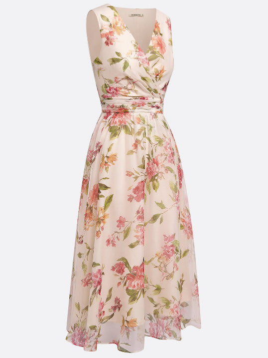 Pleated Floral Chiffon Dress