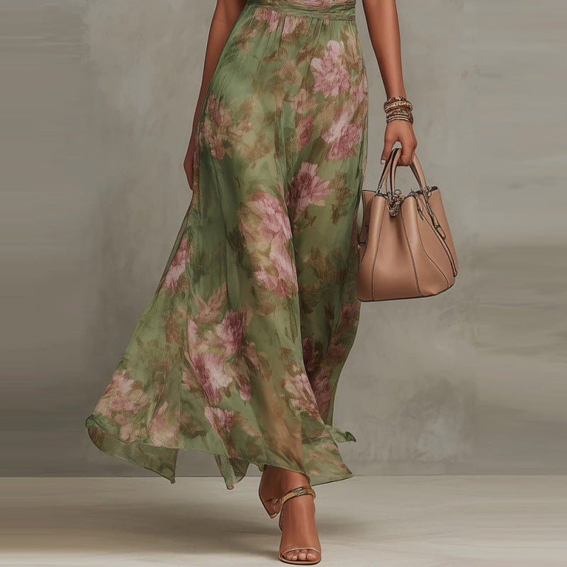 Mesh Print Irregular Slit Skirt