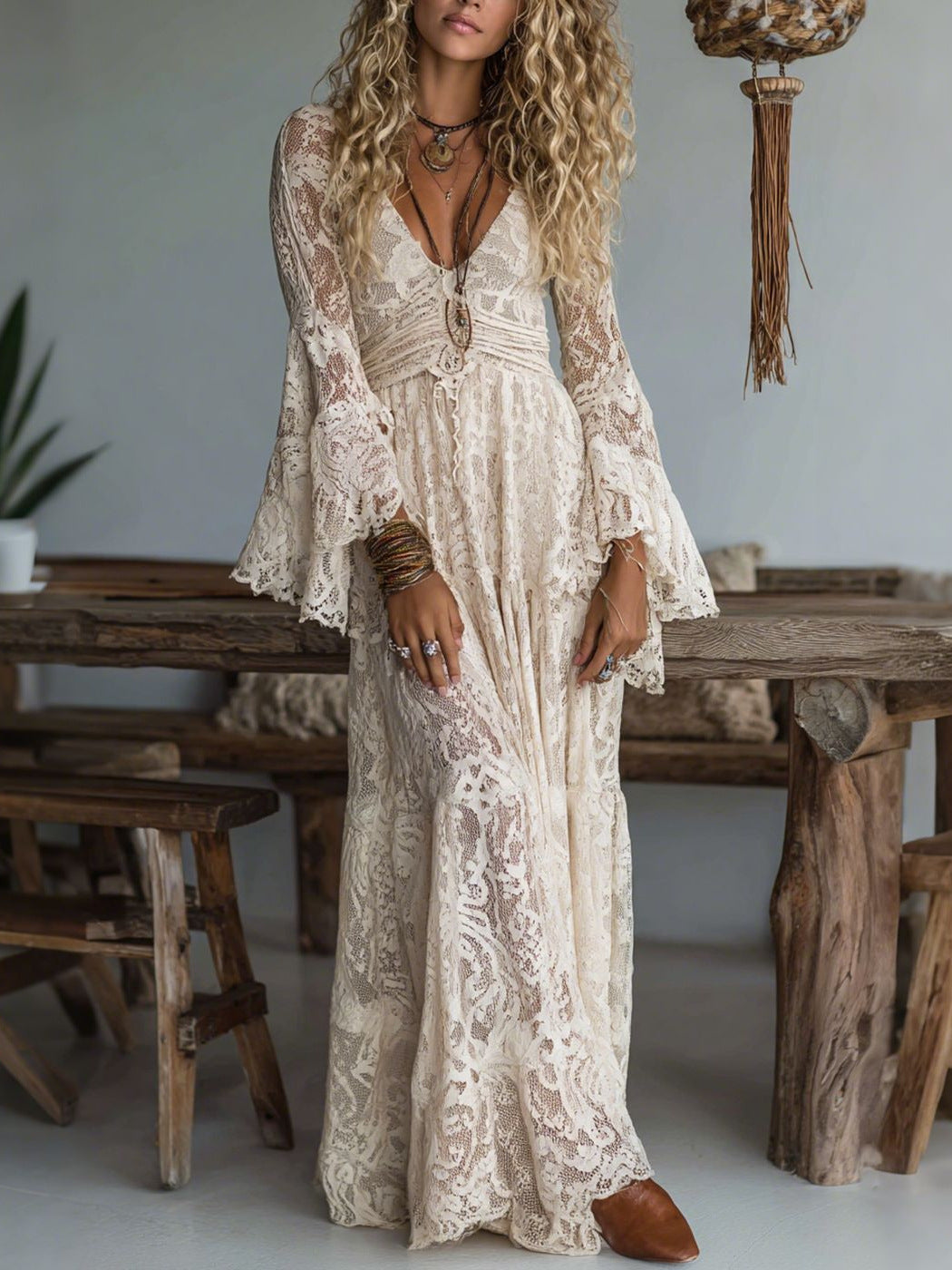 Elegant V-Neck Lace Splicing Dress