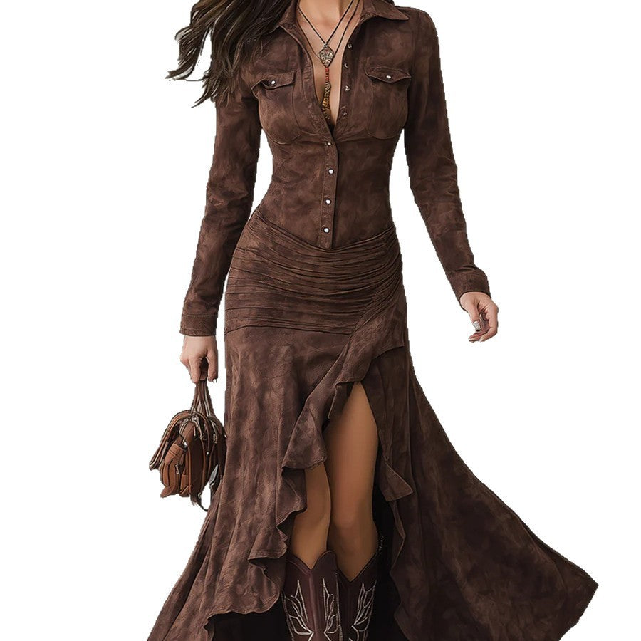 Suede Slim-Fit Long Dress