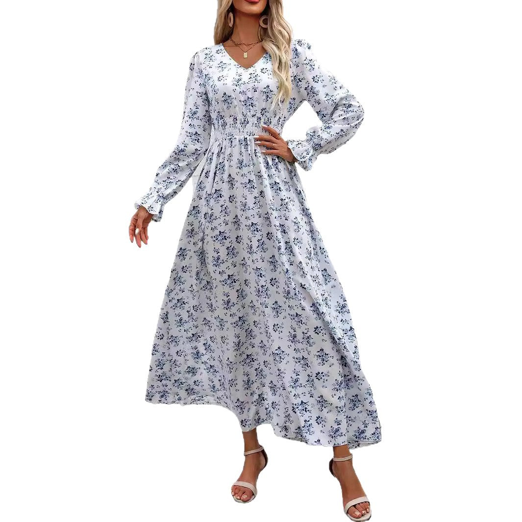 Printed V-Neck Long Sleeve Dress