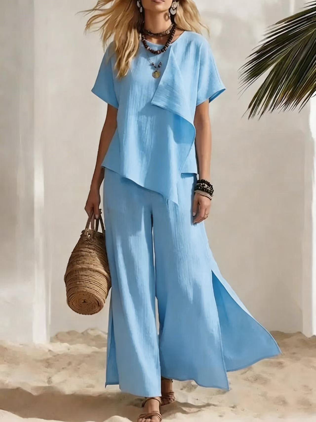 Womens Asymmetrical Top & Wide-Leg Pants Set