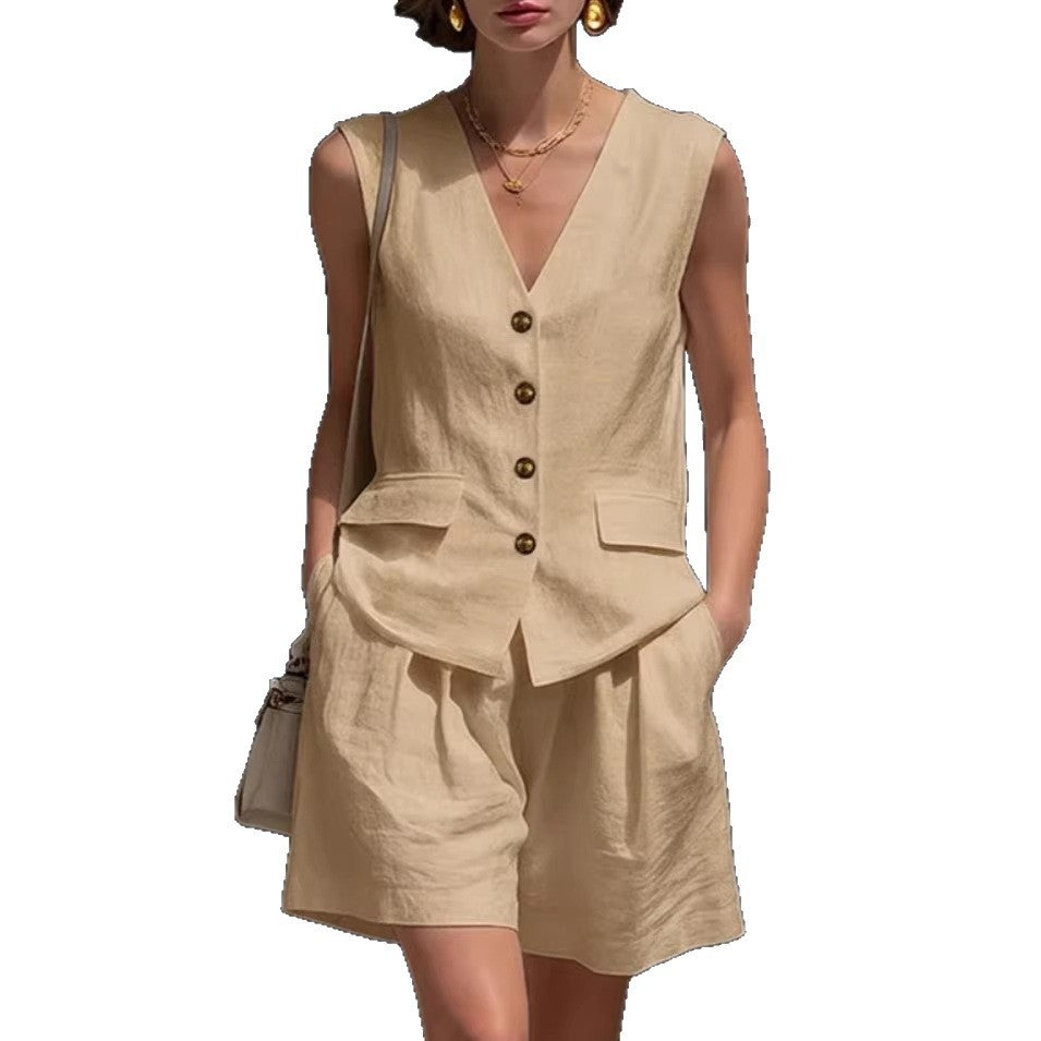 Womens Cotton-Linen Vest Top & Shorts Set
