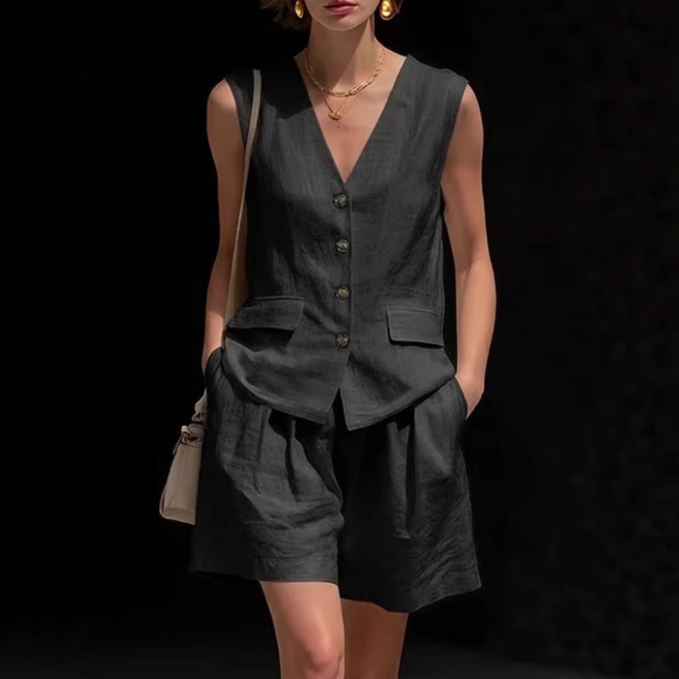 Womens Cotton-Linen Vest Top & Shorts Set