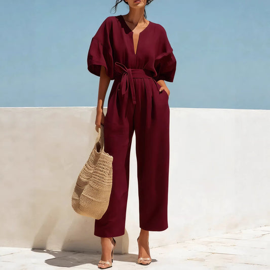 Womens V-Neck Cotton-Linen Jumpsuit