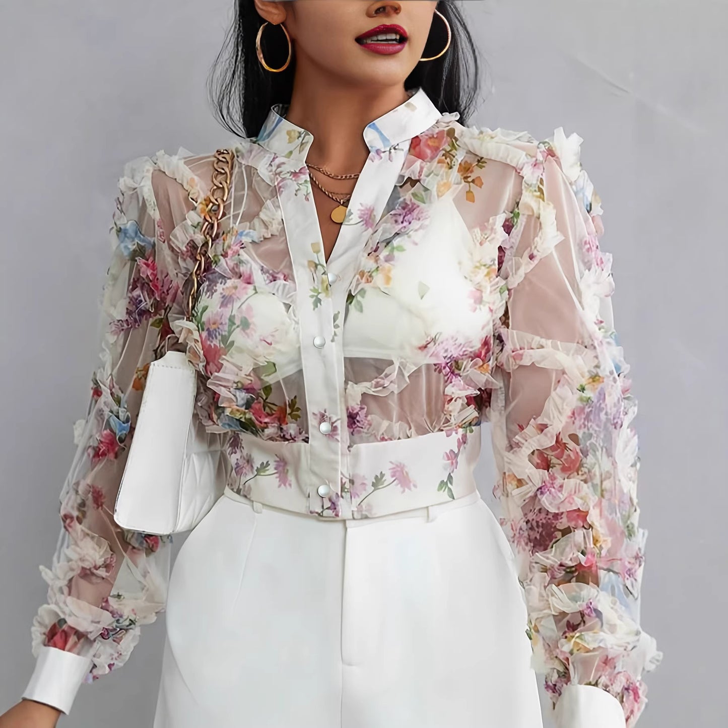 Lace Floral Chiffon Blouse