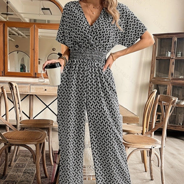 Summer V-neck Short-sleeve Jumpsuit