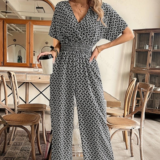 Summer V-neck Short-sleeve Jumpsuit