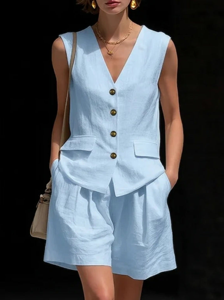 Womens Cotton-Linen Vest Top & Shorts Set