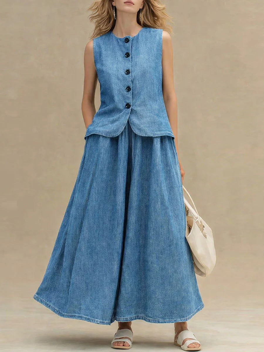 Womens Denim Top & A-Line Skirt Set