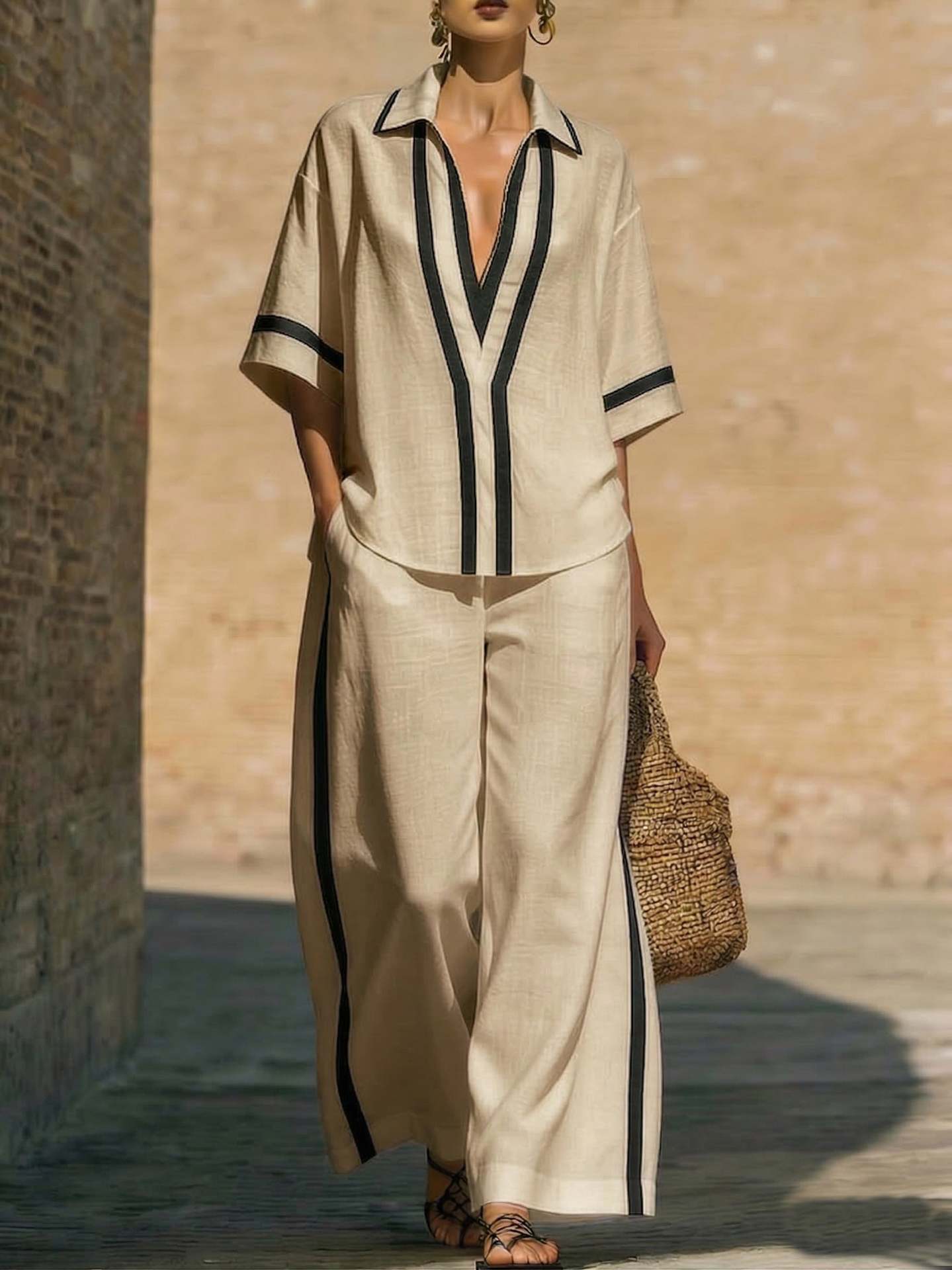 Womens Color Block Top & Wide-Leg Pants Set