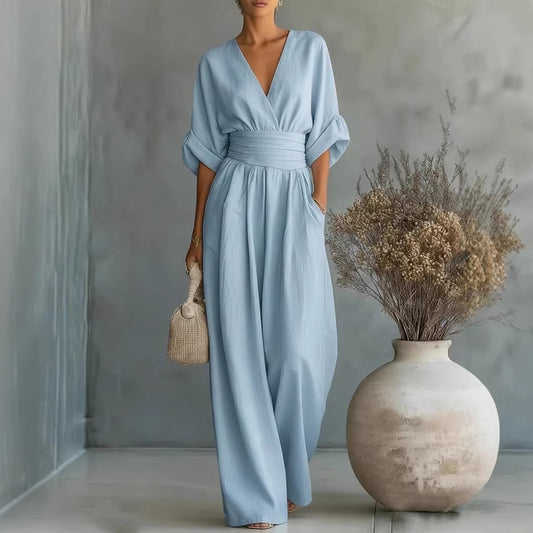 Womens Waist-Cinching V-Neck Jumpsuit