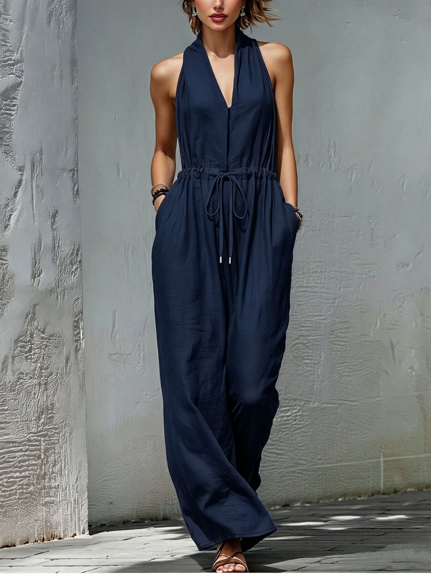Solid-Color Long Holiday Jumpsuit
