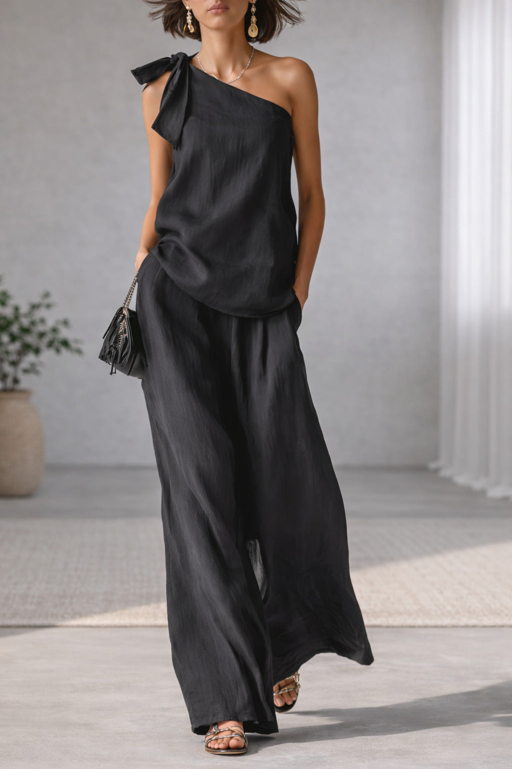 Womens One-Shoulder Top & Wide-Leg Pants Set