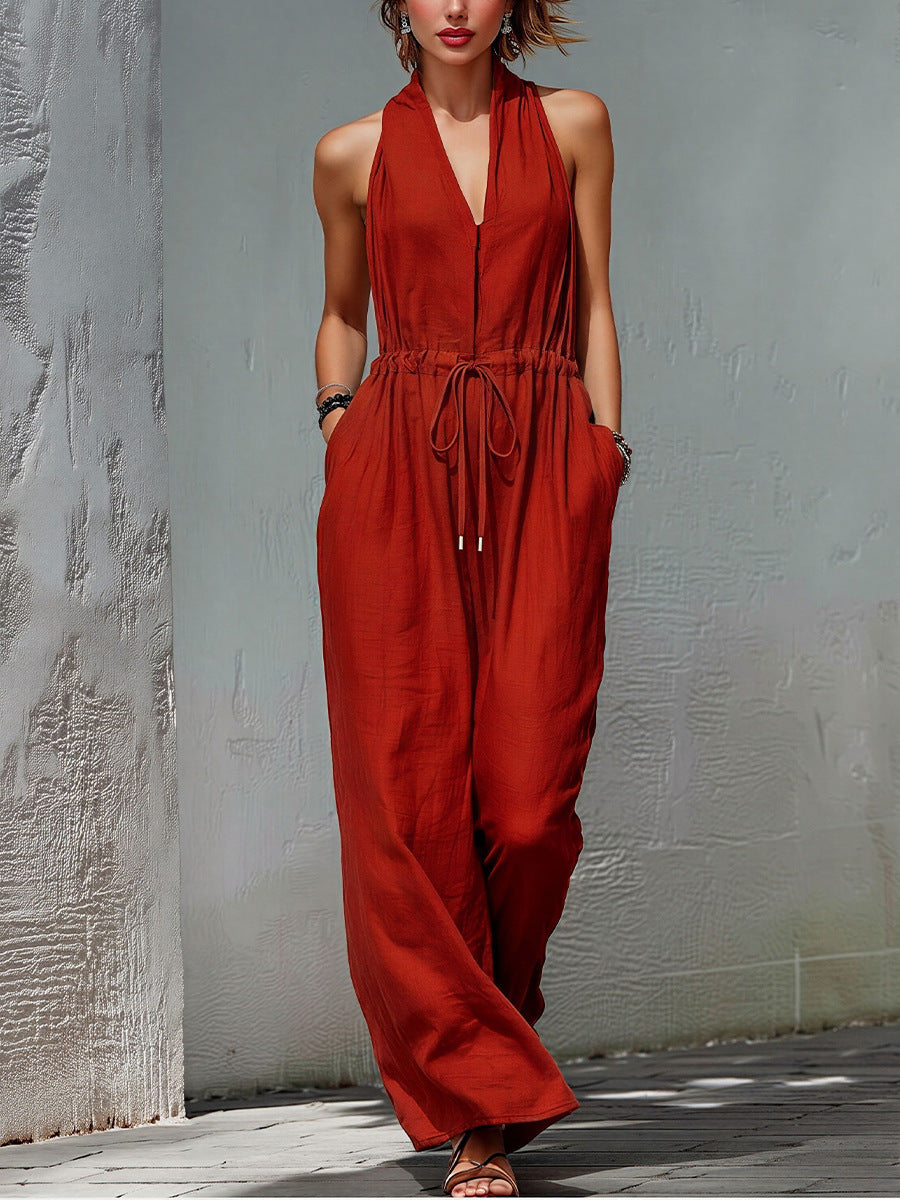Solid-Color Long Holiday Jumpsuit