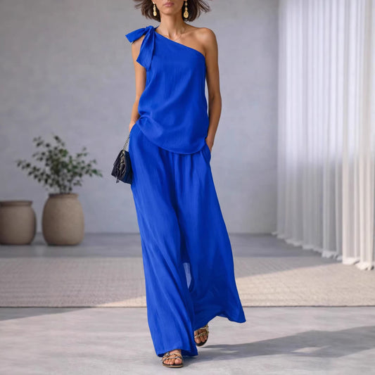 Womens One-Shoulder Top & Wide-Leg Pants Set