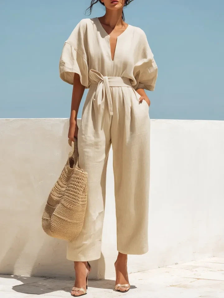 Womens V-Neck Cotton-Linen Jumpsuit