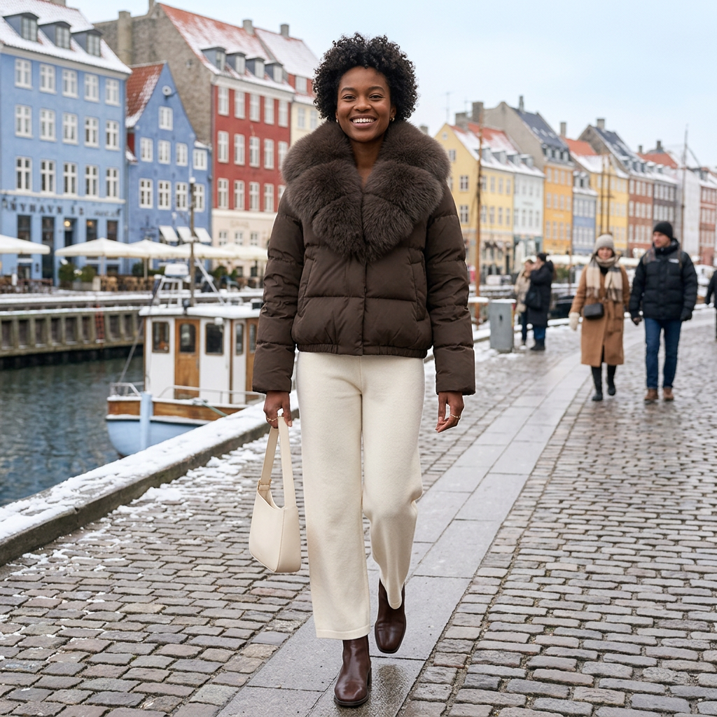Brown jacket, cheerful Copenhagen walk