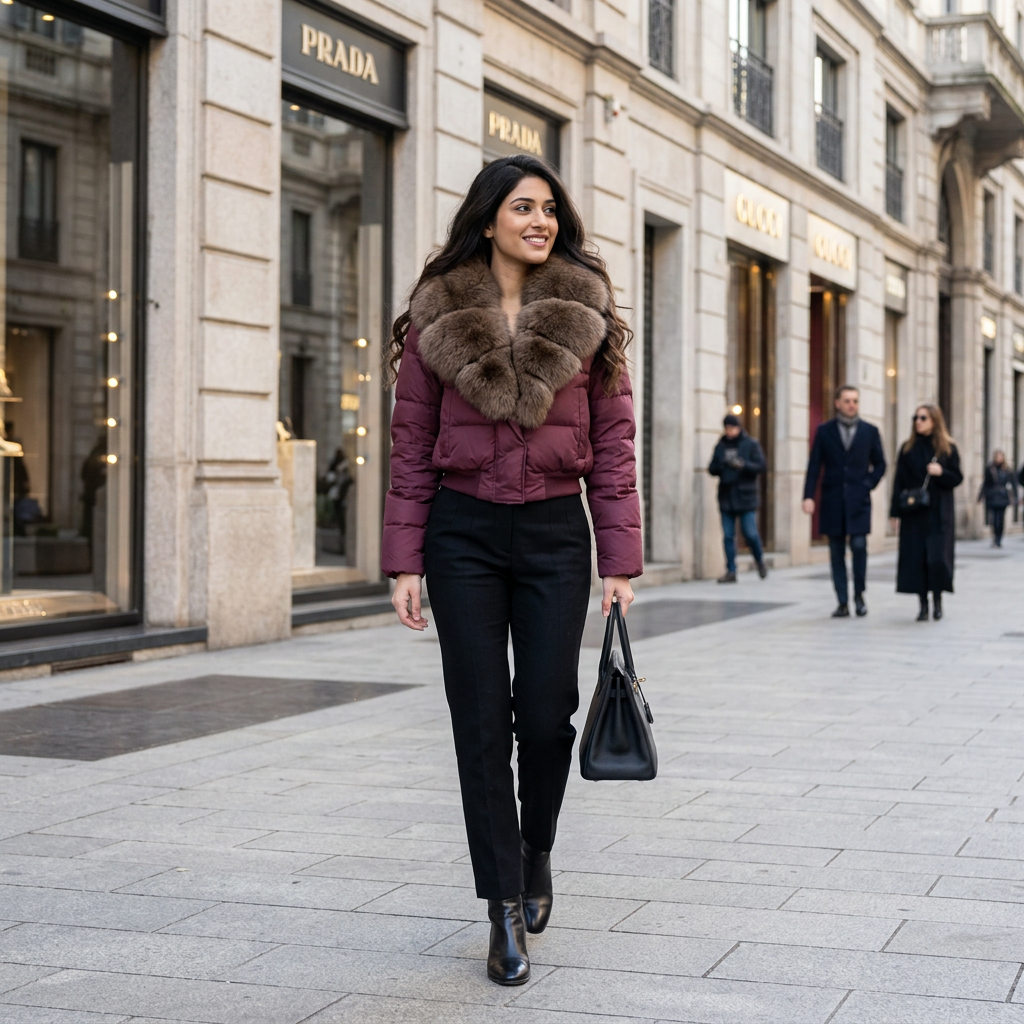 Burgundy jacket, smiling while walking in Milan